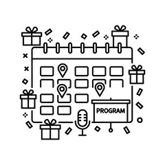 Event planning calendar schedule with program details, location pins, gift boxes, and microphone icon for celebrations