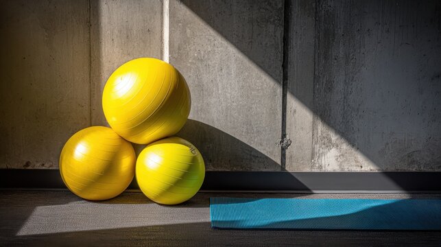 Yellow Exercise Balls and Blue Yoga Mat Against Concrete Wall
