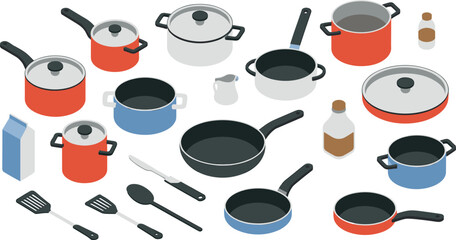Isometric kitchen cookware and utensils illustration showing pots, pans, knives, spatula, and cooking tools for home kitchen and restaurant concept