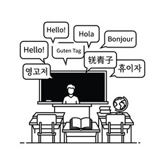 Global language education classroom scene with teacher and diverse international greetings in speech bubbles, learning concept.