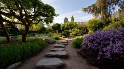 A serene garden path made of stepping stones winds through lush greenery and vibrant purple flowers under soft sunlight