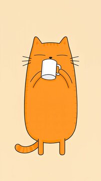 sleepy orange cartoon cat drinking cup of coffee mug in vertical video loop