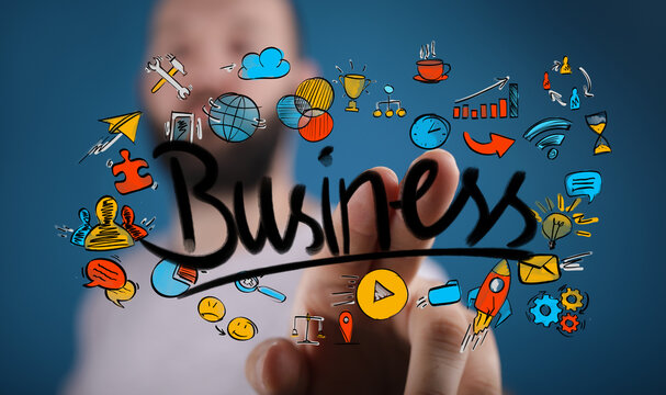 Dynamic image showcasing a person's hand interacting with a virtual Business word surrounded by diverse doodle icons representing innovation,