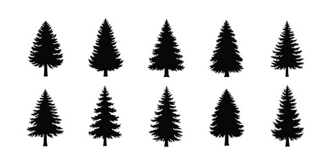Fototapeta premium set of Christmas tree icon. Christmas pine tree icon. Collection of ten stylized black pine trees and evergreen silhouettes on a white background