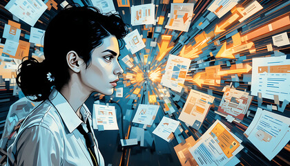 Information Overload: Woman Navigating Data Stream