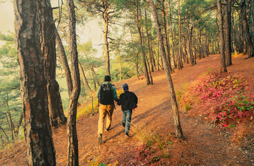 father and son hiking in the woods
