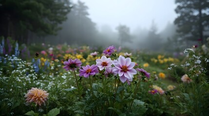 Obraz premium A misty morning reveals a vibrant diverse flower garden with colorful blooms creating a serene natural landscape