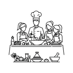 Chef leading a cooking class with students, preparing healthy meals and learning culinary skills outline illustration