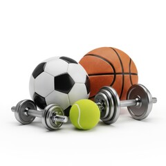 Collection of sports equipment and weights isolated on white background