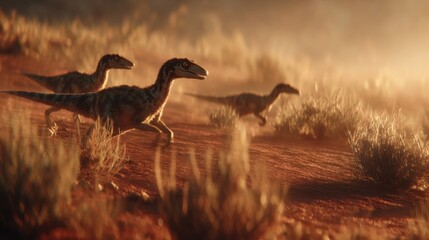 Fototapeta premium Dinosaurs Running Through a Desert Landscape During Sunset with Warm Lighting