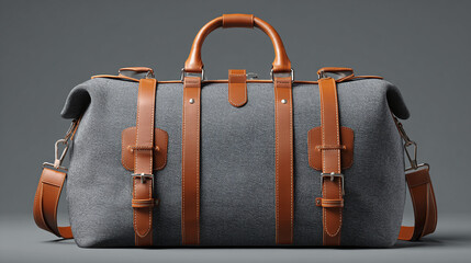 A stylish and elegant gray duffel bag with brown leather accents, showcasing its travel-ready design and aesthetic appeal.