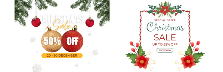 Festive christmas sale announcement with ornaments and discounts, 50% off and 55% off offers.
