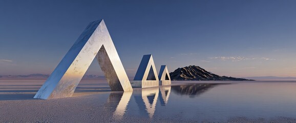 Three angular chrome letters A reflected in water at sunset 1