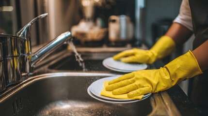 Person Rinsing Dishes in a Stainless Steel Sink During Home Cleaning in a Cozy Kitchen Setting