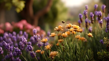 A bee flies among vibrant orange blossoms and purple lavender flowers in a sunlit garden
