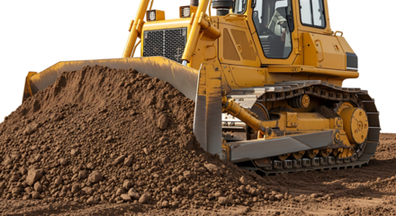 Yellow bulldozer pushing a large pile of brown soil, isolated on a white or transparent background, cutout, PNG