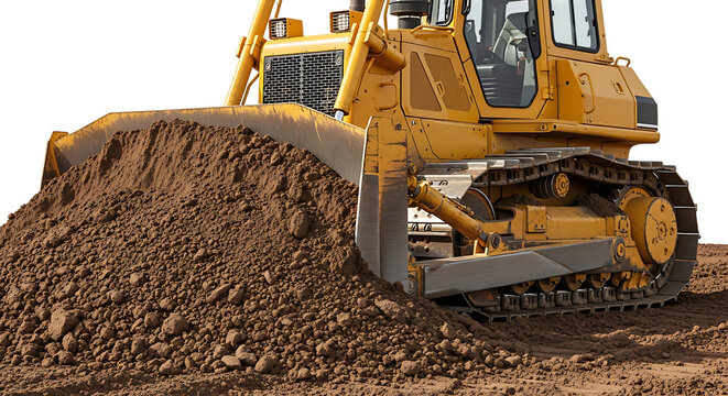 Yellow bulldozer pushing a large pile of brown soil, isolated on a white or transparent background, cutout, PNG
