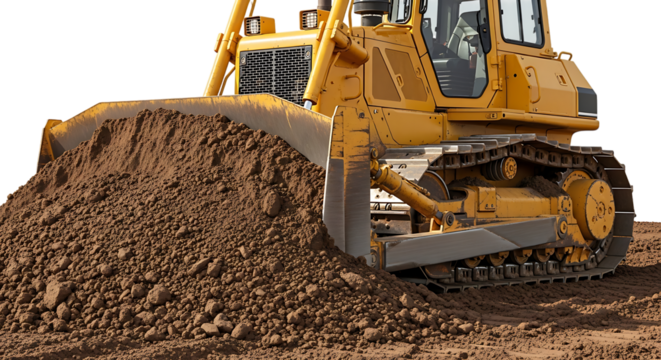 Yellow bulldozer pushing a large pile of brown soil, isolated on a white or transparent background, cutout, PNG