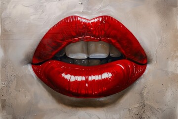 Glossy red lips biting the lower lip, creating a sensual and provocative image