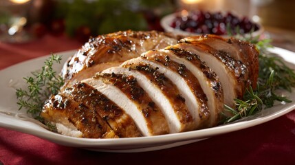 Juicy roasted turkey breast sliced on a white plate with herbs. Delicious holiday meal for Thanksgiving or Christmas dinner. Traditional festive food.
