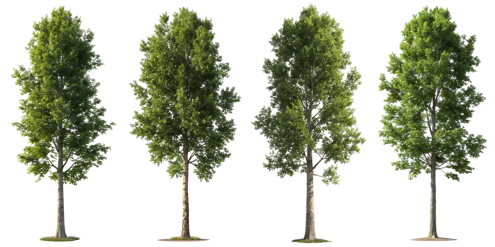 Four trees are displayed in different angles, each adorned with vibrant green leaves. The scene highlights the unique characteristics and forms of each tree, emphasizing nature's beauty.