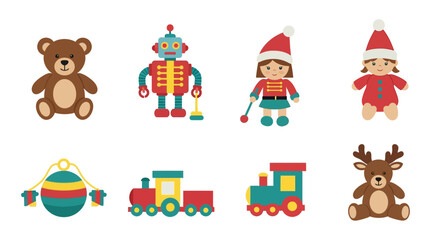 Collection of colorful flat design Christmas and vintage toys including a teddy bear, robot, nutcracker, baby doll, bauble, train, and reindeer