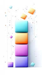 A vertical stack of four colorful, rounded cubes in blue, orange, pink, and purple, with smaller scattered shapes and dotted lines on a white background.