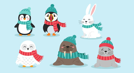 Cute Winter Animals Cartoon Collection A Whimsical Gathering of Arctic and Snowy Creatures Adorned in Cozy Winter Attire