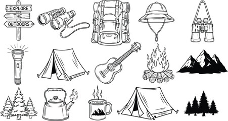 Collection of hand drawn outdoor adventure and camping elements including tents backpacks and mountains