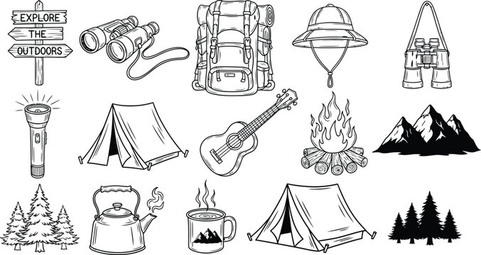 Collection of hand drawn outdoor adventure and camping elements including tents backpacks and mountains