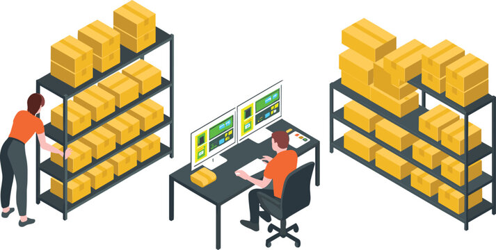 Isometric warehouse management illustration showing employees organizing boxes, checking inventory data on computer screens, and managing logistics workflow efficiently