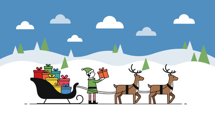 Festive Christmas Sleigh Ride with Reindeer and Elf Delivering Gifts in Snowy Landscape