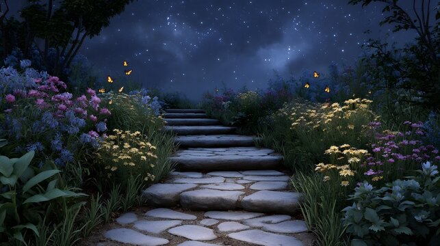 Stone pathway through a magical garden at night with glowing butterflies under a starry sky