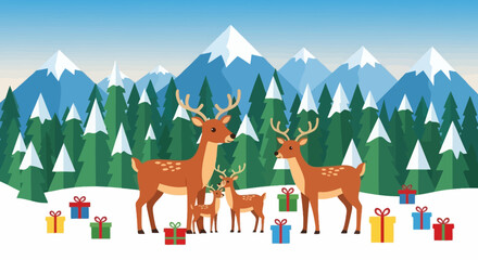 Festive illustration of a deer family with colorful gift boxes against a backdrop of snowy mountains and evergreen trees, perfect for holiday themes