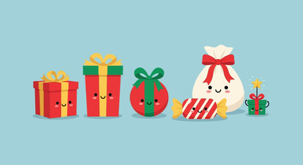 Charming Kawaii Christmas Presents Collection Featuring Gift Boxes, Candy, and a Santa Sack