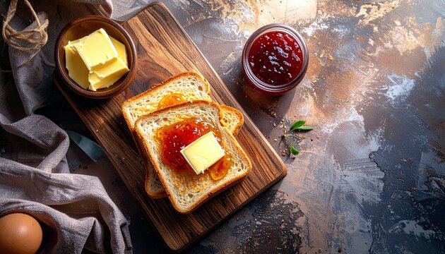 A delicious breakfast spread featuring toasted bread topped with butter and vibrant red jam, presented on a wooden cutting board.