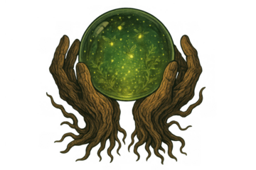 Tree hands holding a glowing green crystal ball with fireflies, representing nature magic, wisdom, and conservation on transparent background