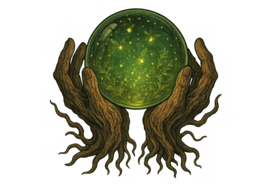 Tree hands holding a glowing green crystal ball with fireflies, representing nature magic, wisdom, and conservation on transparent background - Powered by Adobe