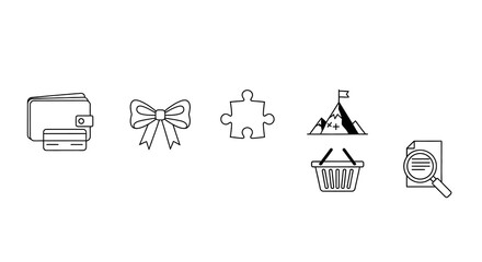 Minimalist outline icons: gift, puzzle, achievement, shopping, document
