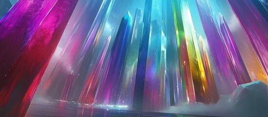 Radiant Crystal Spires: Luminous, Iridescent Fantasy Cityscape Reflected in Shimmering Waters