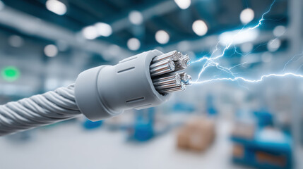 Factory Hazard Assessment, Damaged electrical cable on a factory floor with sparks, showcasing potential hazards in industrial settings.