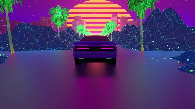 Looping Motion Video SynthWave Background of Landscape Palm Trees Car Loop. Hipster game 80's cyber futuristic motion graphics. Oldschool landscape animation with sun n mountains. Laser cyber world.