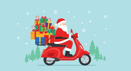Santa Claus delivering Christmas presents on a red scooter through a snowy landscape with pine trees © Fendi