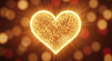 Luminous golden heart formed from sparkling dust. Glowing love symbol on a festive bokeh background for Valentine's Day or a wedding