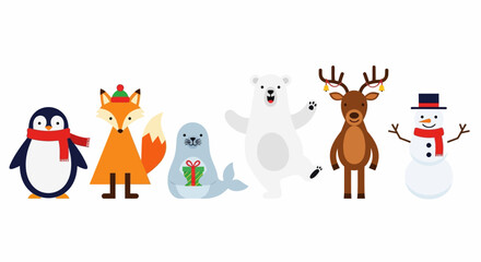 Cute Arctic Animals and Penguin in Festive Christmas Attire Celebrating Together