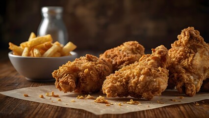 Crispy fried chicken and french fries close-up with golden crust on rustic wooden table