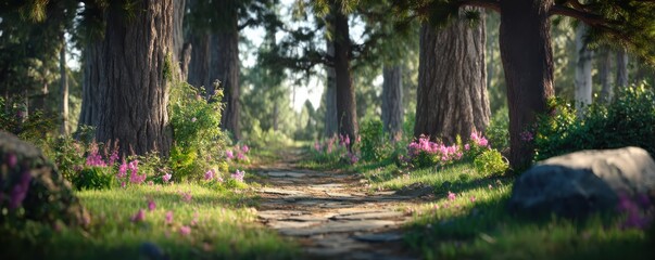 Fototapeta premium A serene forest path lined with tall trees and vibrant flowers, inviting exploration and appreciation of nature's beauty.