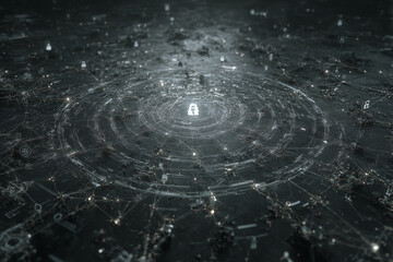 High-detail cybersecurity illustration of a circular zero-trust architecture network, filled with data nodes, lines, and encrypted pathways. Ideal for security systems, infrastructure diagrams