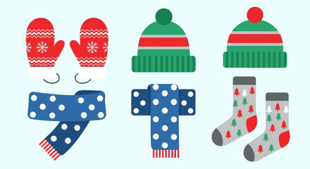 Obraz premium Collection of Cozy Winter Accessories including Hats, Scarves, and Mittens with Festive Patterns