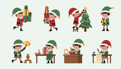 Cute Christmas elves busy preparing for the holiday season, wrapping gifts and decorating the tree
